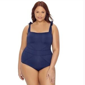 Becca ETC Tie Shoulder One Piece Swimsuit Navy‎ Plus Size 1X (16-18)